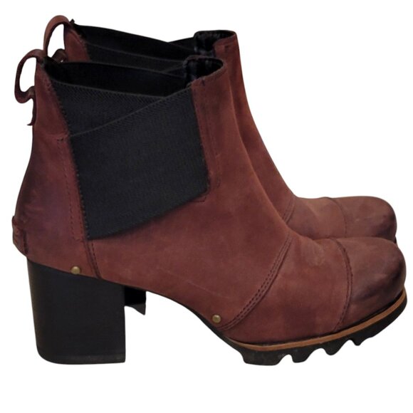 Sorel Addington Chelsea Chunky Heel Genuine Suede Bootie Cattail Burgundy Black - Picture 9 of 15